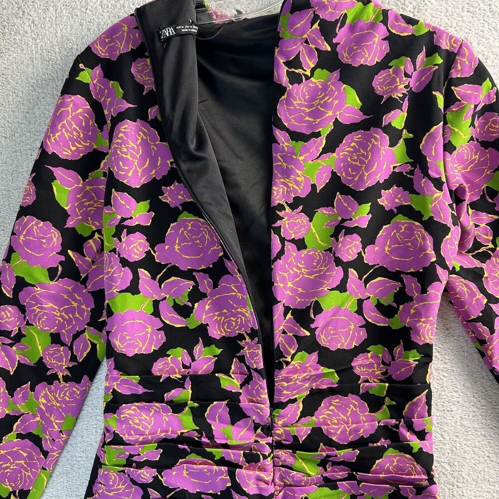 Zara Size M Pink Floral Ruched Bodycon Long Sleeve Mini Dress - Picture 7 of 14